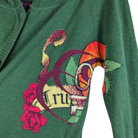 Gramm Green Long Cardigan Sweater Dress Ture love print Size L - Picture 7 of 12